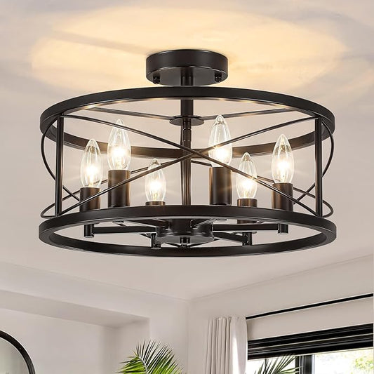 6-Light Black Semi Flush Mount Ceiling Light, 16.93'' Modern Farmhouse Close to Ceiling Light Fixtures, Ceiling Lamp for Hallway Entryway Kitchen Dining Room Living Room Bedroom Lights, UL Listed