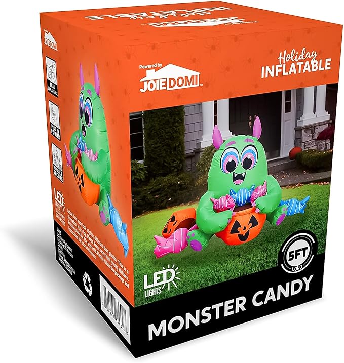 Joiedomi 5 Ft Long Cute Halloween Inflatables Monster with Candies Outdoor Decorations, Blow Up Monster with Build-in LEDs Halloween Inflatables for Indoor, Outdoor, Yard, Garden, Lawn Decorations