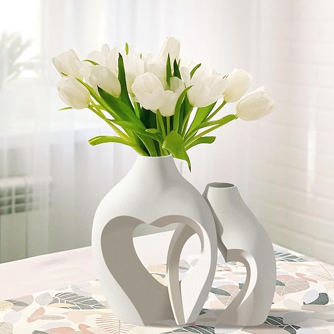 White Vases for Decor, Heart Shaped Ceramic Vase Set of 2, Nordic Modern Heart Vases, Minimalist Decorative Vase for Table Centerpiece Wedding Living Room House Decoration