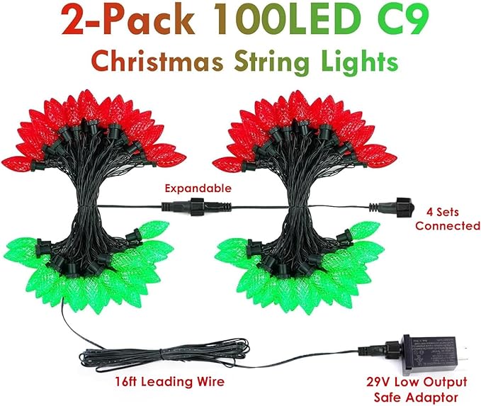 2-Pack C9 Christmas String Lights, 100LED 66FT Waterproof Connectable Green Wire, Plug in Led Outdoor/Indoor Fairy String Lights, for Xmas Tree Garden Patio Wedding Party Decorations (Red and Green)