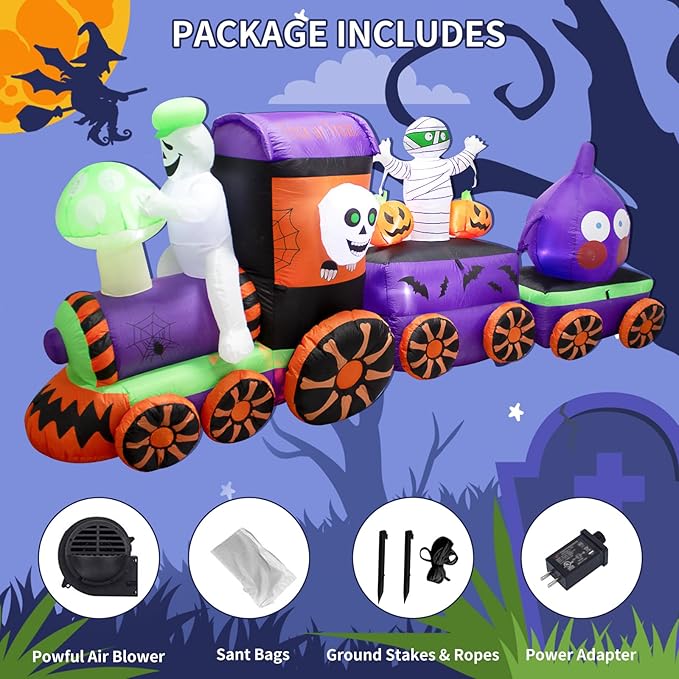11FT Halloween Inflatables Ghost Train with Mushroom Onion Heads and Mummies Skulls, Built-in LEDs for Halloween Blow Up Indoor Outdoor Decor, Fun Holiday/Party/Yard/Garden Fantasy Display