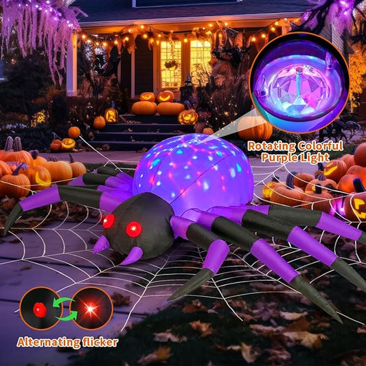 COMIN 9FT Width Halloween Inflatables Outdoor Decorations Spider Blow Up Yard Decoration with Built-in LED for Yard Garden Party Lawn (Purple)