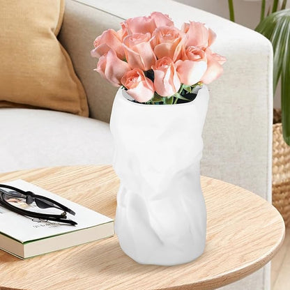 8.4" Paper Bag Vase, White Ceramic Vase, Handmade Irregular Crinkle Flower Vases, Unique Boho Minimalist Art Decorative Vase for Flowers, Modern Home Decor for Room Table Office Wedding Party