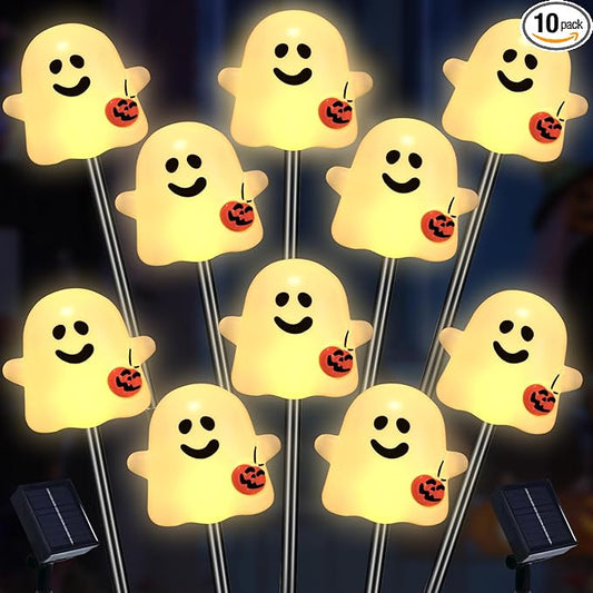 olar Halloween Ghost Pathway Lights, 10 Pack Ghost Stake Lights with Pumpkin Design, Durable Waterproof Outdoor Halloween Decoration for Garden, Walkway, and Yard (Warm White)