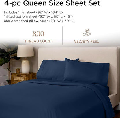 Threadmill Luxury 800 Thread Count Queen 100% Cotton Sheets - Folkstone Blue Sateen Weave Bed-Sheets, Better Than Egyptian Cotton,4 Pc Solid Soft Bed Set, Fits 16" Deep Pocket