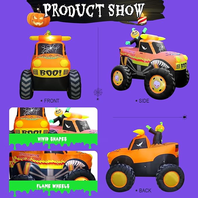 8FT Halloween Inflatable Pumpkin Monster Truck, Inflatable Vehicle Yard Decorations Built-in 8 LED for Halloween Inflatables Outdoor Decoration Home Party Supplies Lawn Halloween Decor