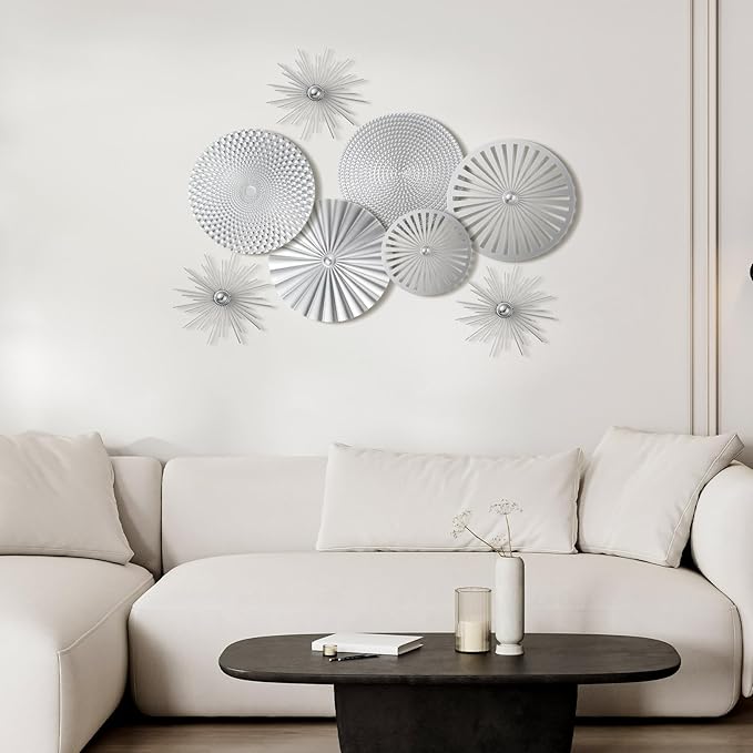 8 Pcs Gold Wall Decor Modern Metal Decor Metal Starbursts Radial Plate Art Hanging Decorative Wall Decorations for Home Bedroom Bathroom Living Room Office Sculpture(Silver)