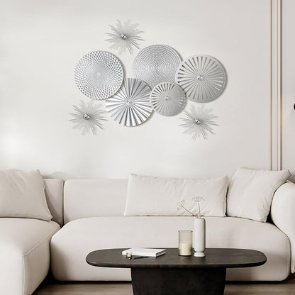 8 Pcs Gold Wall Decor Modern Metal Decor Metal Starbursts Radial Plate Art Hanging Decorative Wall Decorations for Home Bedroom Bathroom Living Room Office Sculpture(Silver)
