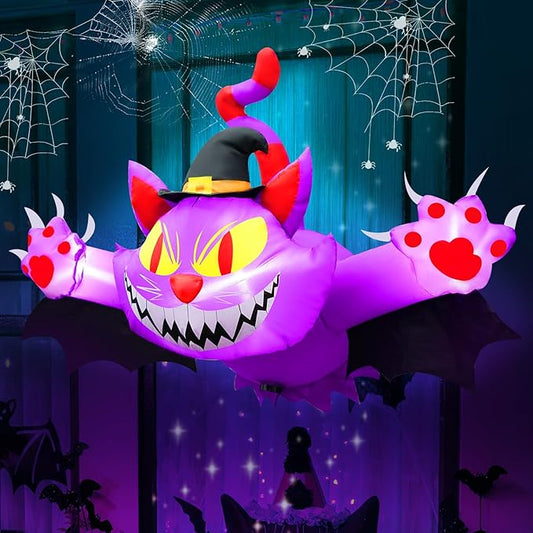 4.5FT Halloween Inflatable Purple Cat, Blow up Halloween Decoration Broke Out from Window Built-in 3 LED for Halloween Decoration Outdoor Indoor Home Party Supplies Halloween Lawn Decor