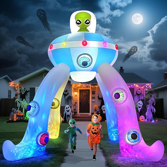 Kalolary 12FT Halloween Inflatables Archway UFO Alien, Giant Alien Arch Inflatable with Build-in Colorful Flashing Lights Scary Halloween Outdoors Blow Up Decoration for Yard Garden Lawn Indoor Decor