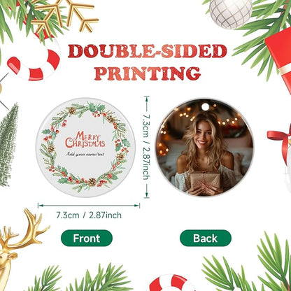 Personalized Christmas Ornaments 2025, Double-Side Custom Christmas Ornament, Round Ceramic Photo Ornament Christmas Tree Decorations for Kids, Mom, Dad, Family, Loved One