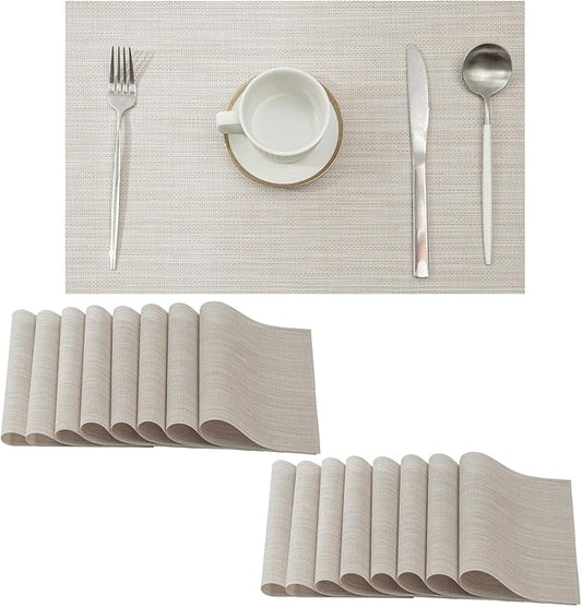 Leetaltree Beige White Placemats Set of 16 - Heat Resistant Non-Slip Place mats for Dining Table, Washable Durable PVC Vinyl Woven Table Mats（Beige White, 16）