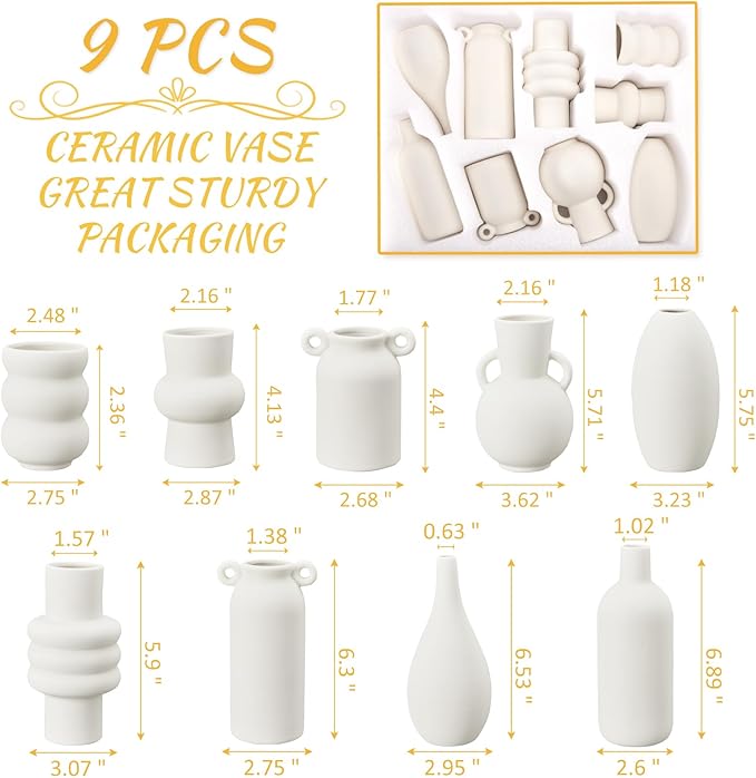 9pcs Ceramic Vases Small Ceramic Vases for Flowers - Modern White Bud Vases for Fresh & Dried Blooms, Unique Shapes, Home Decor, Table Centerpiece, Wedding Decor