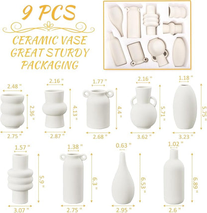 9pcs Ceramic Vases Small Ceramic Vases for Flowers - Modern White Bud Vases for Fresh & Dried Blooms, Unique Shapes, Home Decor, Table Centerpiece, Wedding Decor