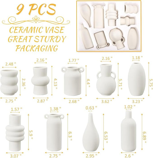 9pcs Ceramic Vases Small Ceramic Vases for Flowers - Modern White Bud Vases for Fresh & Dried Blooms, Unique Shapes, Home Decor, Table Centerpiece, Wedding Decor