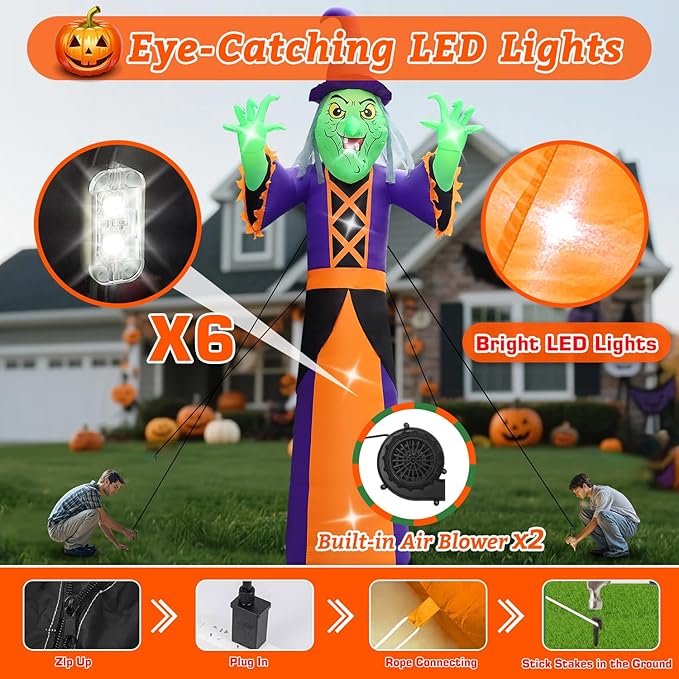 Halloween Inflatables Witch Decorations Outdoor - 20FT Extra Large Horror Witch Halloween Blow up Yard Decorations with LED Build-in for Garden Lawn Indoor Party Decor