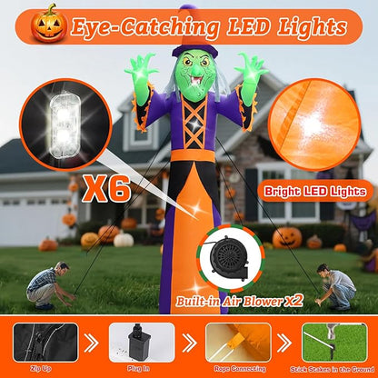 Halloween Inflatables Witch Decorations Outdoor - 20FT Extra Large Horror Witch Halloween Blow up Yard Decorations with LED Build-in for Garden Lawn Indoor Party Decor