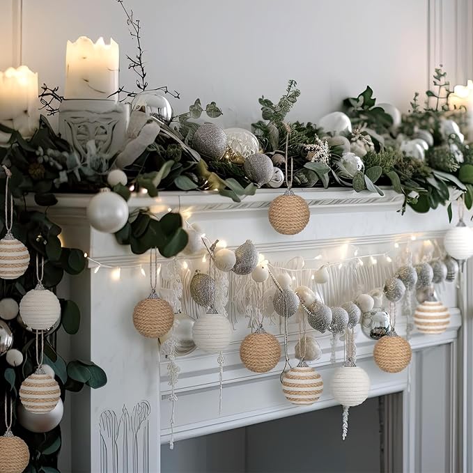 Syhood 18 Pcs 1.57 Inch Christmas Ball Ornaments Boho Farmhouse Jute Rope Hanging Balls Burlap Neutral Rustic Ornaments for Xmas Tree Holiday Wreath Garland Wedding Home