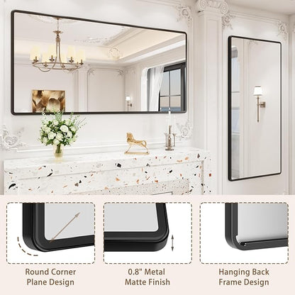 New Upgrade 60X30 Inch Wall Mounted Bathroom Mirror, Black Metal Frame Rounded Rectangle Mirror, Bathroom Vanity Mirror with Tempered Glass for Washroom Bedroom Living Room
