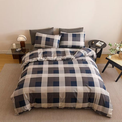 Cottonight Checkered Navy Comforter Set King Men Gingham Grid Bedding Set Navy and Khaki Grid Comforter Fluffy Soft Blanket Quilts Modern Cottagecore Comforter with 2 Pillowcases for King Bed