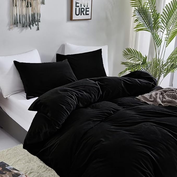 Cottonight Velvet Comforter Set Queen Black Flannel Bedding Comforter Set Dark Color All Black Plush Fluffy Blanket Quilts Modern Winter Warm Thick 3 Piece Soft Solid Black Bedding Set for Women Men