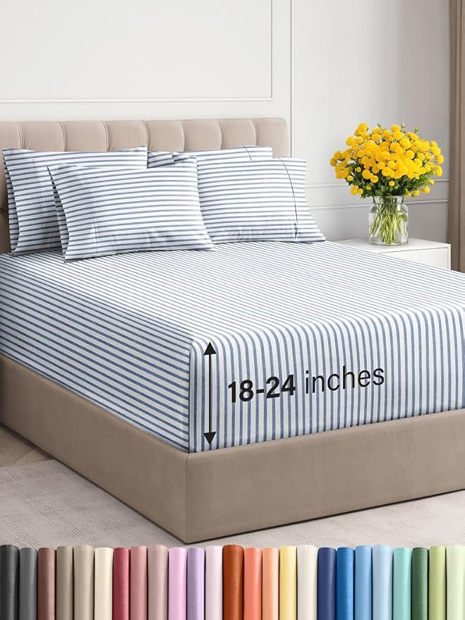 Extra Deep King Sheet Set - 6 Piece Breathable and Cooling Sheets - Hotel Luxury Bed Sheets Set - Easy Fit - Soft, Wrinkle Free and Comfy Sheets Set - Blue Striped Sheet Set with Extra Deep Pockets