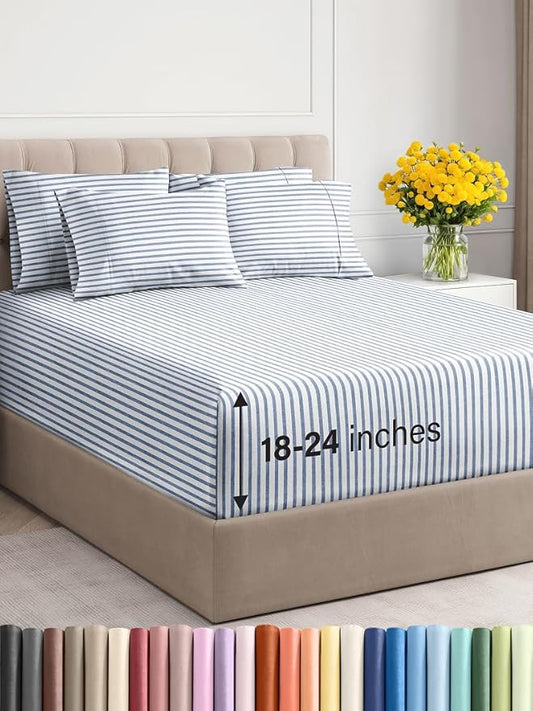 Extra Deep King Sheet Set - 6 Piece Breathable and Cooling Sheets - Hotel Luxury Bed Sheets Set - Easy Fit - Soft, Wrinkle Free and Comfy Sheets Set - Blue Striped Sheet Set with Extra Deep Pockets