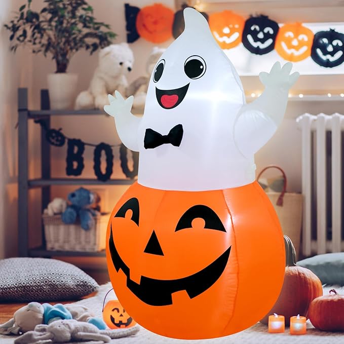 TRMESIA 4FT Halloween Inflatable Decor Spooky Pumpkins Blow up Pumpkin Ghost with LED Lights Indoor Outdoor Lawn Graden Yard Holiday Party Decor