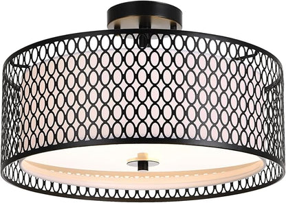 17" Semi Flush Mount Ceiling Light Fixture, Modern 3-Light E26 Double Drum Ceiling Lighting with Matte Black Iron Mesh Cage for Living Room Bedroom Hallway Entryway, Black