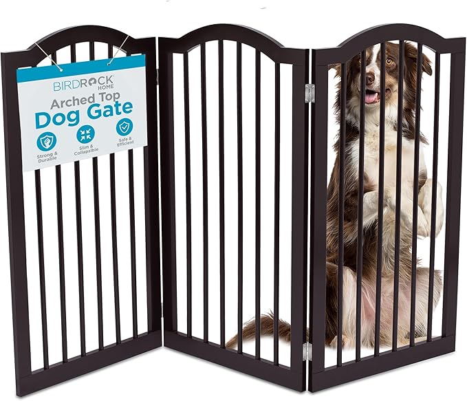 INTERNET'S BEST Arched Top Dog Gate | 3 Panel, 36" H Wooden Pet Barrier for Dogs or Cats | Freestanding Folding Room Divider for Doorways, Hallways, Stairs, and Porch | Portable, Extra Wide | Espresso