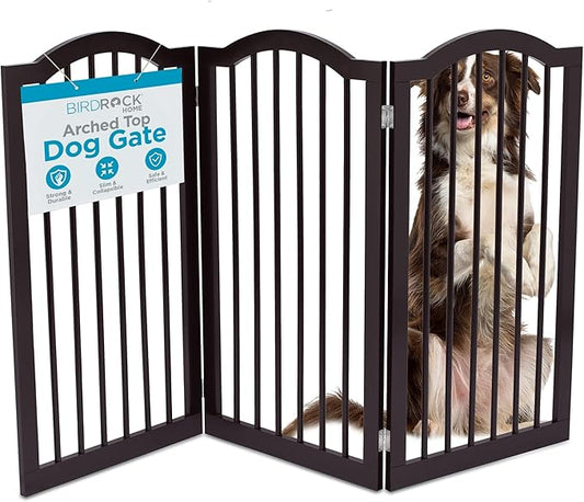 INTERNET'S BEST Arched Top Dog Gate | 3 Panel, 36" H Wooden Pet Barrier for Dogs or Cats | Freestanding Folding Room Divider for Doorways, Hallways, Stairs, and Porch | Portable, Extra Wide | Espresso