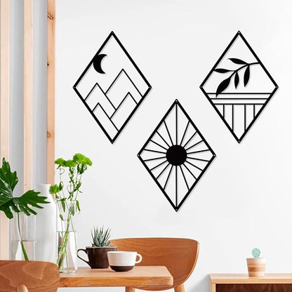 Sokurdeg Boho Metal Minimalist Geometry Wall Art, Black Bohemian Line Metal Art Wall Decor, Modern Abstract Wall Art for Bedroom Bathroom Living Room (3 Pack, 12 x 17 in)