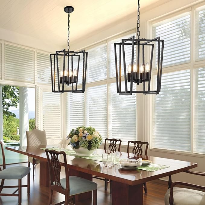 4-Light Black Chandelier, Farmhouse Lantern Pendant Light Lighting Fixtures, Industrial Ceiling Light, Adjustable Height Rustic Geometric Hanging Chandelier for Kitchen Island,Entryway,Foyer,E12 Base