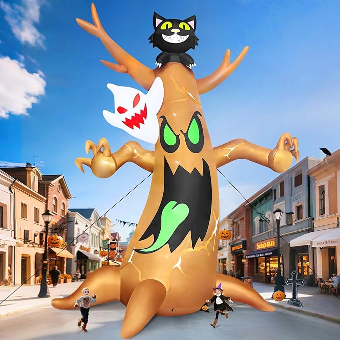 20FT Halloween Inflatable Tree with LED Light, Kalolary Giant Ghost Tree Inflatable Halloween Blow-Up Outdoor Decoration Black Cat Halloween Yard Inflatable for Courtyard Lawn Shopping Mall Street