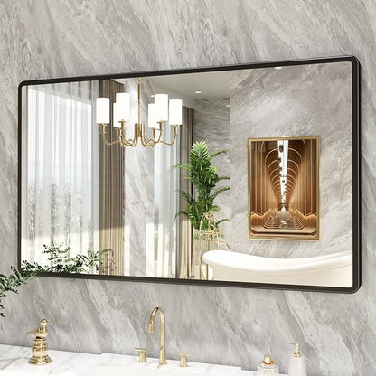 New Upgrade 50X30 Inch Wall Mounted Bathroom Mirror, Black Metal Frame Rounded Rectangle Mirror, Bathroom Vanity Mirror with Tempered Glass for Washroom Bedroom Living Room