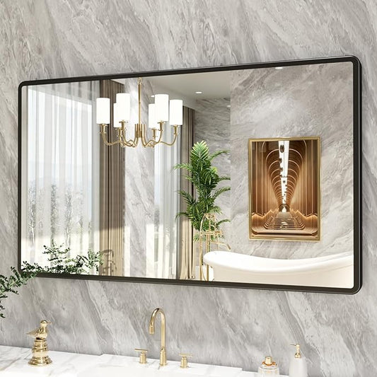 New Upgrade 50X30 Inch Wall Mounted Bathroom Mirror, Black Metal Frame Rounded Rectangle Mirror, Bathroom Vanity Mirror with Tempered Glass for Washroom Bedroom Living Room