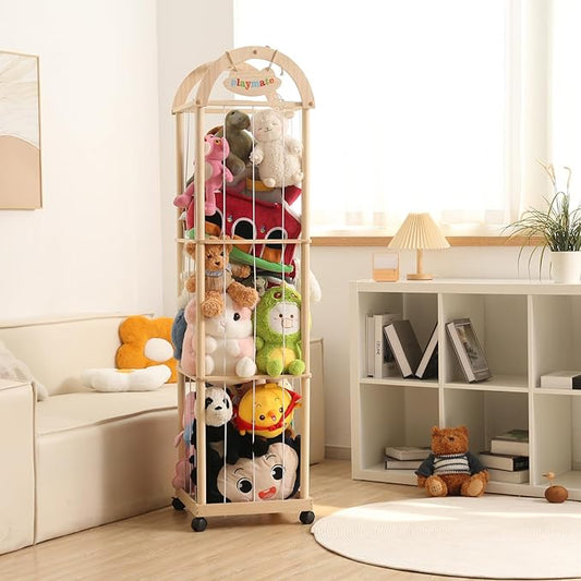 Stuffed Animal Storage & Organizer, 61" High Wooden Zoo Toy Holder for Toddler Rooms, Playrooms & Bedrooms