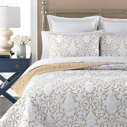 mixinni Quilt Twin Size Reversible 2-Piece Beige Embroidery Pattern Elegant Quilt Set with Embroidered Decorative Sham Soft Bedspread&Coverlet Set-Twin