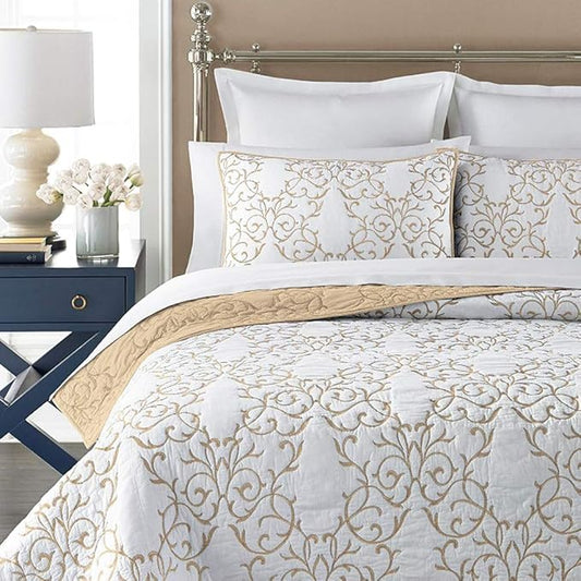 mixinni Quilt Twin Size Reversible 2-Piece Beige Embroidery Pattern Elegant Quilt Set with Embroidered Decorative Sham Soft Bedspread&Coverlet Set-Twin
