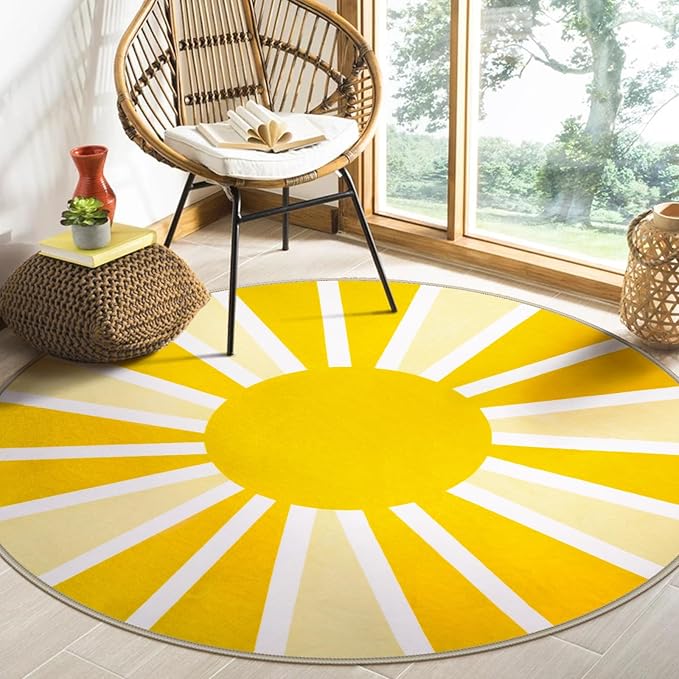 Lahome 4Ft Round Rugs - Washable Non-Slip Small Round Area Rug Throw Soft Cute Round Nursery Rug Low Pile Bathroom Rug, Boho Rainbow Sun Print Circle Rug for Bedroom Dorm Kids Room (4'x4', Yellow)