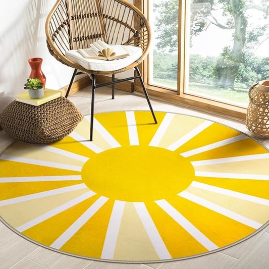 Lahome 4Ft Round Rugs - Washable Non-Slip Small Round Area Rug Throw Soft Cute Round Nursery Rug Low Pile Bathroom Rug, Boho Rainbow Sun Print Circle Rug for Bedroom Dorm Kids Room (4'x4', Yellow)
