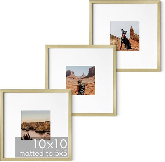 HAUS AND HUES 10x10 Gold Metal Picture Frames Matted to 5x5 - Features Premium Aluminum & Hanging Hardware, Shatterproof Plexiglass - Ideal for Home, Room, Office (10x10 in, Gold, Set of 3)