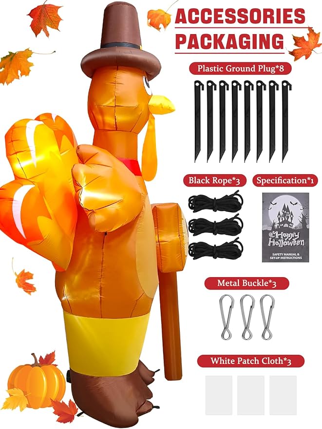 9FT Thanksgiving Turkey Inflatable with LED Light, Kalolary Fall Turkey Blow up Inflatable Happy Thanksgiving Day Outdoor Decoration Autumn Lawn Yard Inflatable for Harvest Day Home Thanksgiving Party