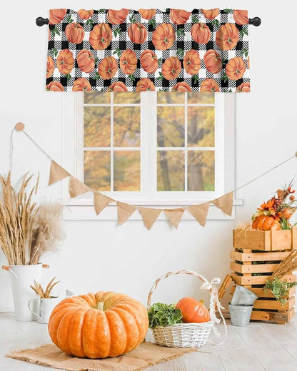 Fall Kitchen Curtains Valances for Windows Thanksgiving Halloween Pumpkins Rod Pocket Window Treatment for Kitchen /Living Room/Bedroom/ Bathroom,60" X 18"-1 Panel, Farmhouse Black White Buffalo Plaid