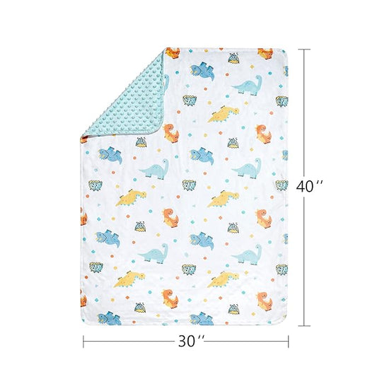 DaysU Silky Micro Soft Plush Baby Blankets for Boys with Print Animal Pattern and Soothing Raised Dots, Double Layer Bed Throws for Baby Crib, Dinosaur, Aqua Blue, 30x40 Inches
