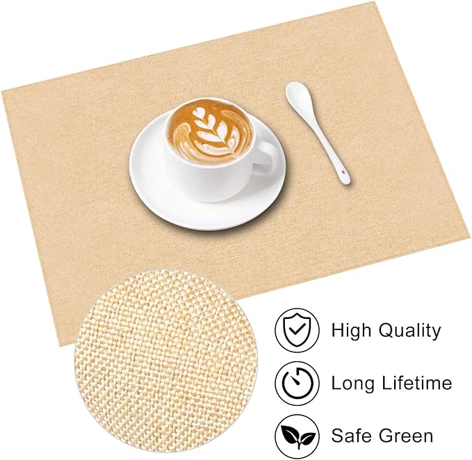 Cloth Placemats Set of 6, Cotton Linen Blend Machine Washable Durable Linen Table Mats, Heat Resistant Placemats Wrinkle Free Place Mats for Dining Table, Easy to Clean (Beige, 6)