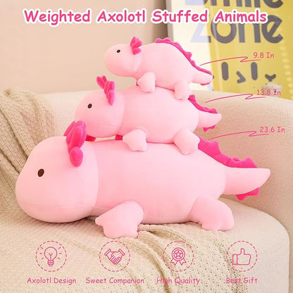 SQEQE Weighted Axolotl Plush Toy, Pink Axolotl Stuffed Animals Cute Axolotl Plush Pillow, Cute Weighted Stuffed Animals Gifts for Girls & Boys Age 3-12 (13.8" | 1.6 lbs, Pink Axolotl)