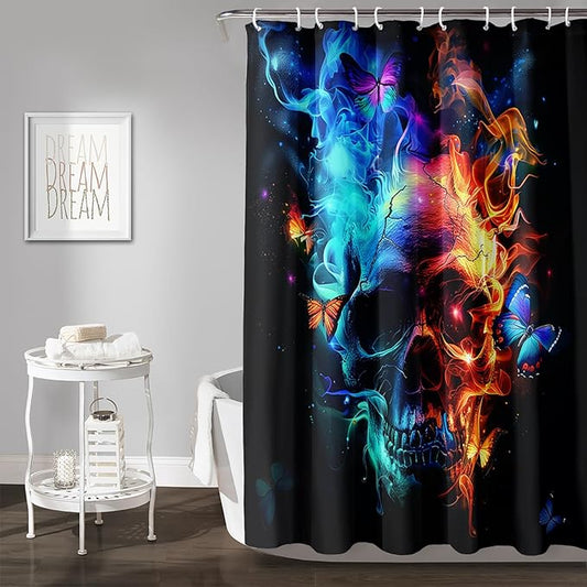 AILONEN Sugar Skull Shower Curtain for Bathroom,Blue and Red Smoky Skull Bath Curtain Decoration,Starry Butterfly Skull Skeleton Print Waterproof Shower Curtain with 12 Plastic Hooks, 36" W*72" H