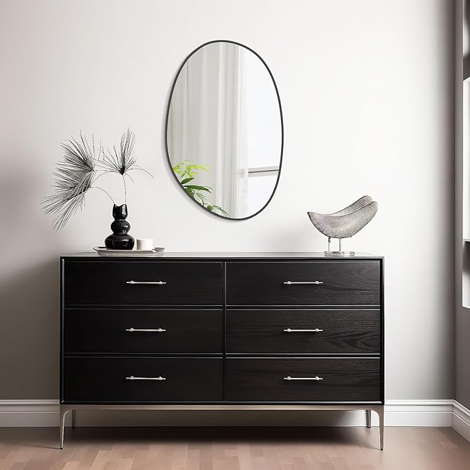 WallBeyond 19" H x 28" W Asymmetrical Decor Irregular Accent Wall Mirror for Entryway, Hallway, etc || Shape: Abstract & Unique Cobblestone, Vertical, Black