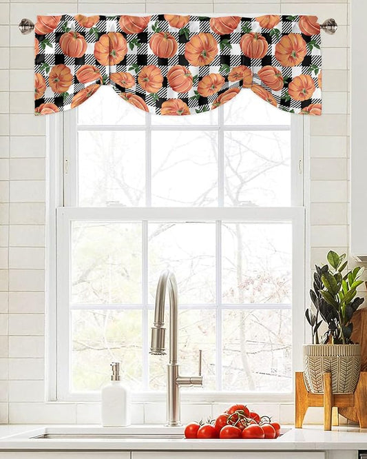 Fall Blackout Tie Up Valance Curtains for Kitchen Windows Thanksgiving Halloween Pumpkins Window Toppers Balloon Shades for Living Room/Bathroom/Bedroom,42" X 18" Farmhouse Black White Buffalo Plaid